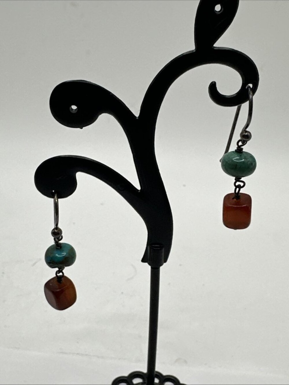 vintage turquoise and amber dangle earrings Silver Wires Pierced 1.25”